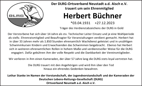 Traueranzeige von Herbert Büchner von Neustadt/ Scheinfeld/ Uffenheim