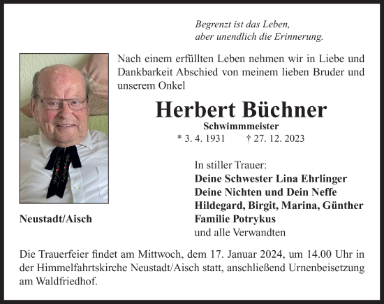 Traueranzeige von Herbert Büchner von Neustadt/ Scheinfeld/ Uffenheim