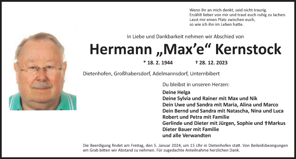  Traueranzeige für Hermann Kernstock vom 03.01.2024 aus Ansbach