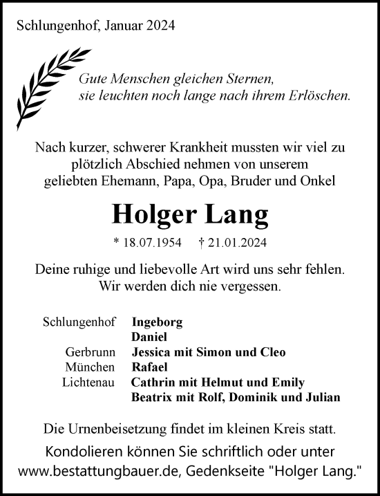 Traueranzeige von Holger Lang von Ansbach