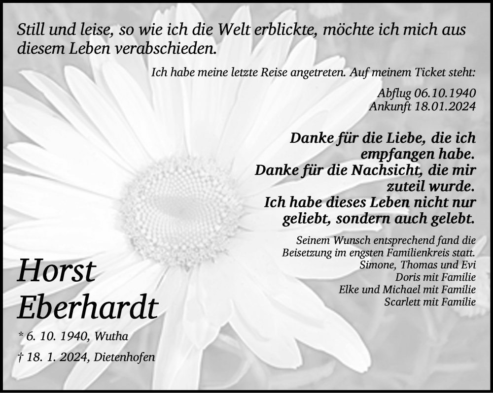  Traueranzeige für Horst Eberhardt vom 27.01.2024 aus Ansbach