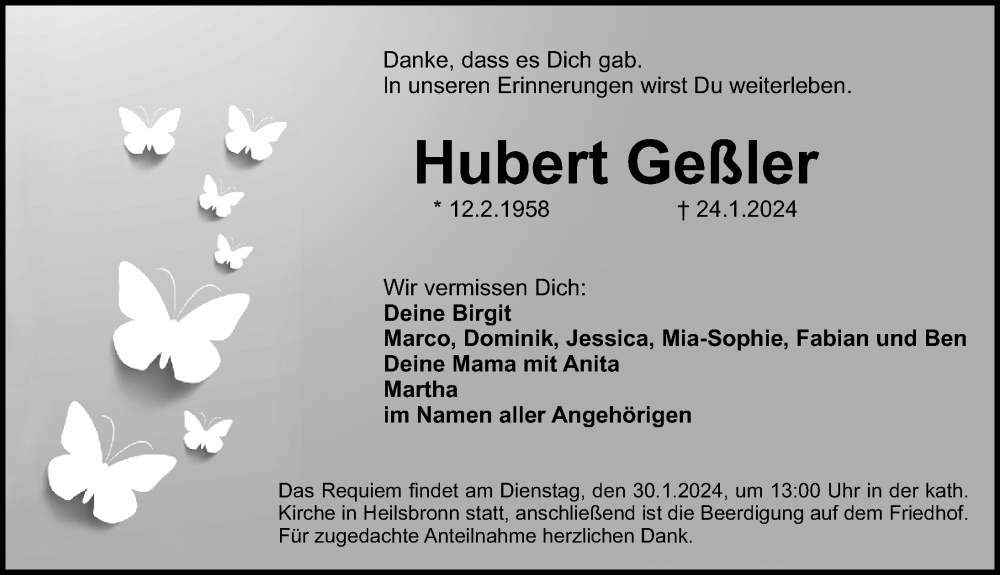  Traueranzeige für Hubert Geßler vom 27.01.2024 aus Ansbach