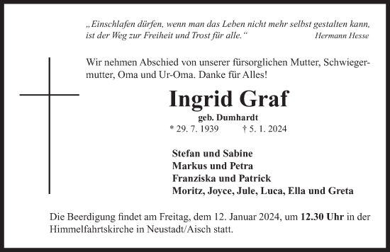 Traueranzeige von Ingrid Graf von Neustadt/ Scheinfeld/ Uffenheim