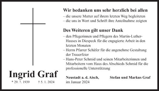 Traueranzeige von Ingrid Graf von Neustadt/ Scheinfeld/ Uffenheim