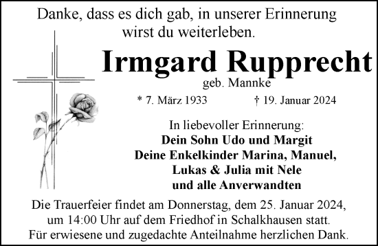 Traueranzeige von Irmgard Rupprecht von Ansbach