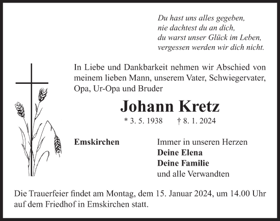 Traueranzeige von Johann Kretz von Neustadt/ Scheinfeld/ Uffenheim