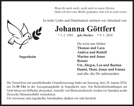 Traueranzeige von Johanna Göttfert von Neustadt/ Scheinfeld/ Uffenheim