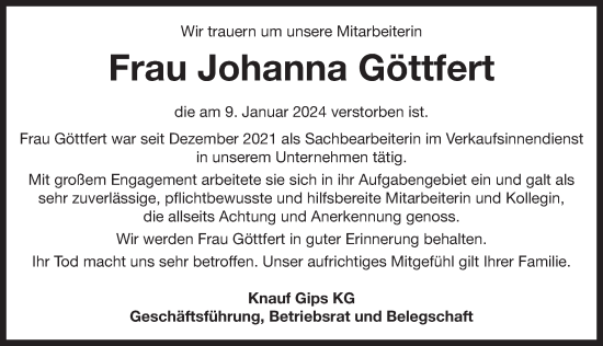 Traueranzeige von Johanna Göttfert von Neustadt/ Scheinfeld/ Uffenheim