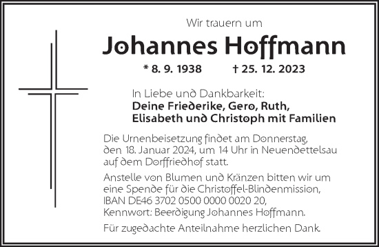 Traueranzeige von Johannes Hoffmann von Ansbach