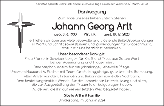 Traueranzeige von Johann Georg Arlt von Dinkelsbühl/ Feuchtwangen