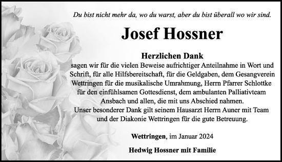 Traueranzeige von Josef Hossner von Rothenburg