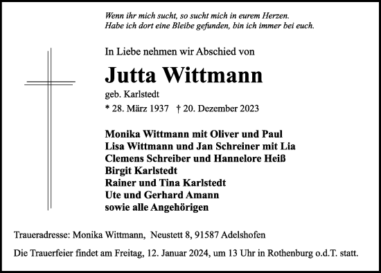 Traueranzeige von Jutta Wittmann von Rothenburg