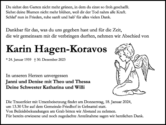 Traueranzeige von Karin Hagen-Koravos von Rothenburg