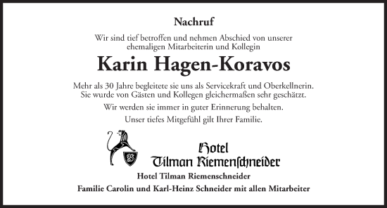 Traueranzeige von Karin Hagen-Koravos von Rothenburg