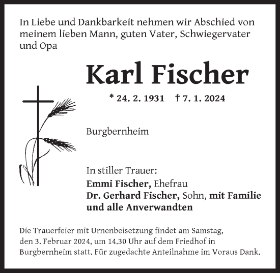 Traueranzeige von Karl Fischer von Neustadt/ Scheinfeld/ Uffenheim