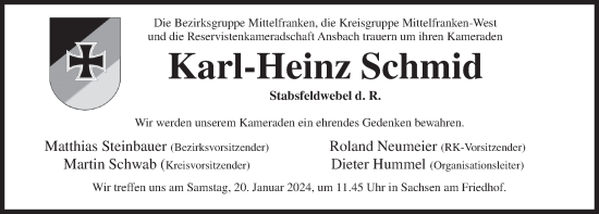 Traueranzeige von Karl-Heinz Schmid von Ansbach