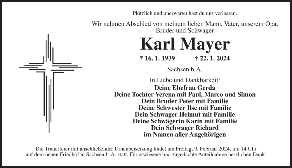  Traueranzeige für Karl Mayer vom 27.01.2024 aus Ansbach