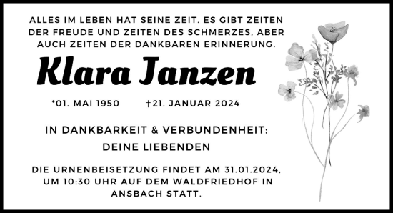 Traueranzeige von Klara Janzen von Ansbach
