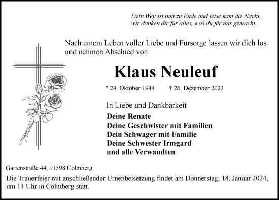Traueranzeige von Klaus Neuleuf von Ansbach