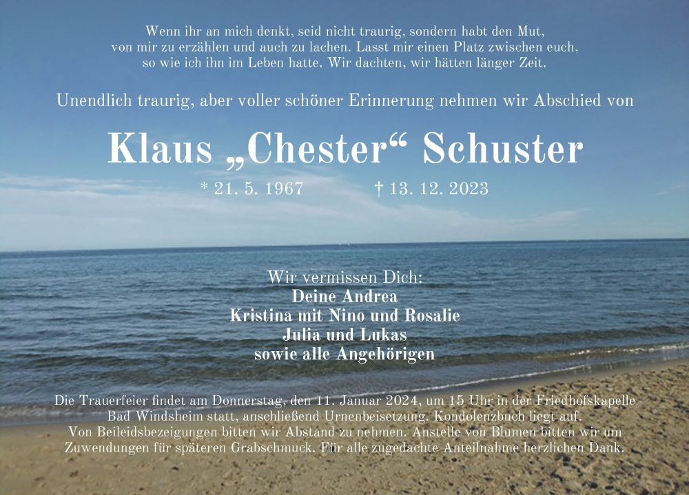  Traueranzeige für Klaus Schuster vom 08.01.2024 aus Neustadt/ Scheinfeld/ Uffenheim