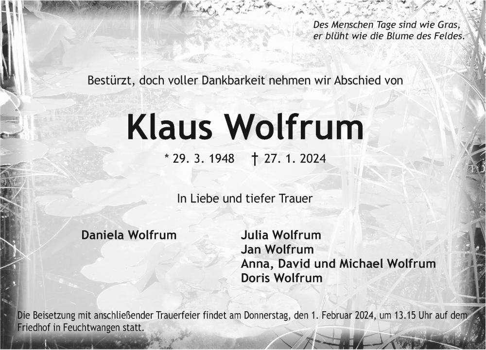  Traueranzeige für Klaus Wolfrum vom 31.01.2024 aus Dinkelsbühl/ Feuchtwangen