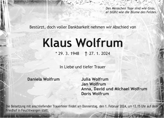 Traueranzeige von Klaus Wolfrum von Dinkelsbühl/ Feuchtwangen