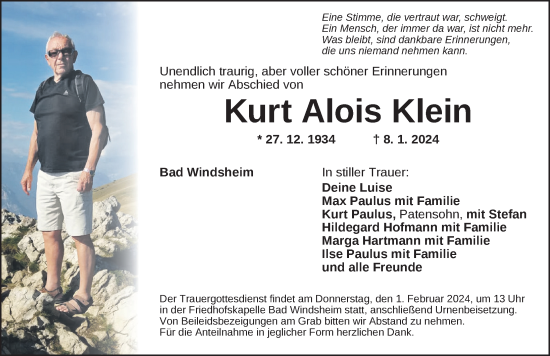 Traueranzeige von Kurt Alois Klein von Neustadt/ Scheinfeld/ Uffenheim