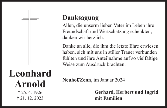 Traueranzeige von Leonhard Arnold von Neustadt/ Scheinfeld/ Uffenheim