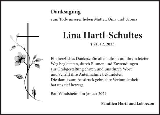 Traueranzeige von Lina Hartl-Schultes von Neustadt/ Scheinfeld/ Uffenheim