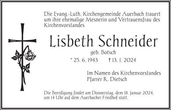 Traueranzeige von Lisbeth Schneider von Ansbach