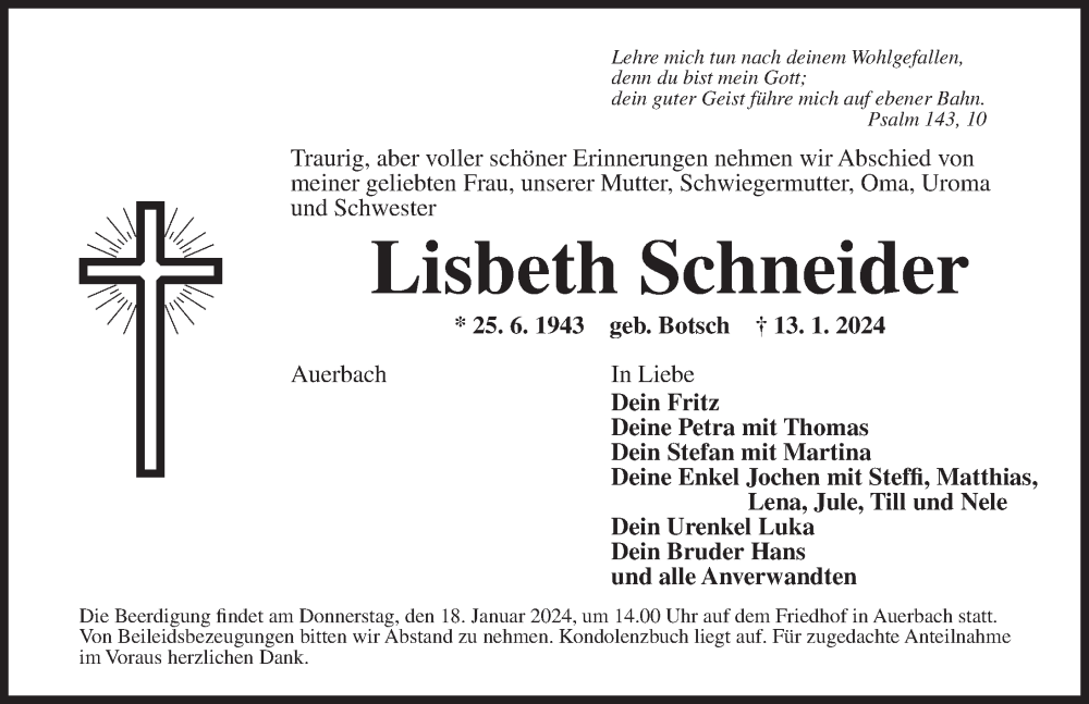  Traueranzeige für Lisbeth Schneider vom 16.01.2024 aus GE