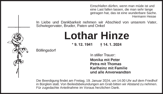 Traueranzeige von Lothar Hinze von Ansbach