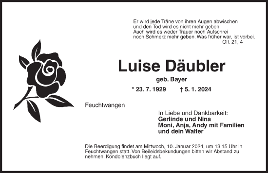 Traueranzeige von Luise Däubler von Dinkelsbühl/ Feuchtwangen