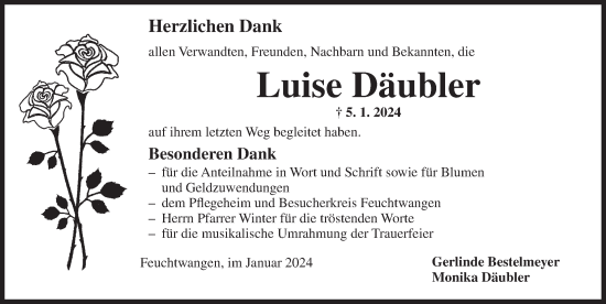 Traueranzeige von Luise Däubler von Dinkelsbühl/ Feuchtwangen