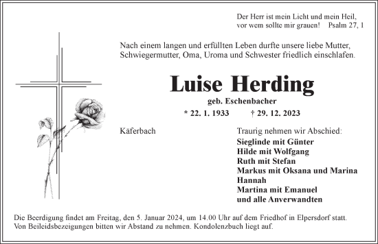 Traueranzeige von Luise Herding von Ansbach