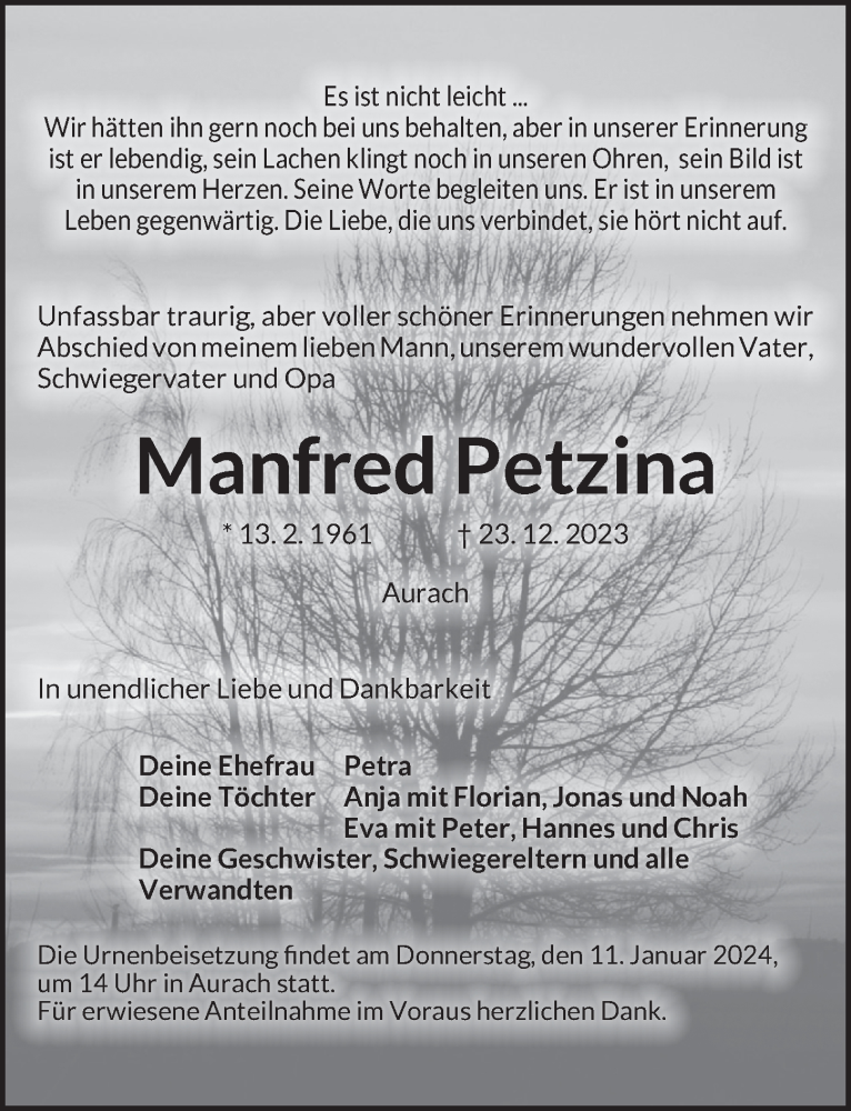  Traueranzeige für Manfred Petzina vom 08.01.2024 aus GE