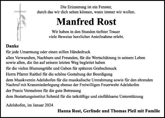 Traueranzeige von Manfred Rost von Rothenburg