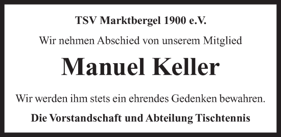 Traueranzeige von Manuel Keller von Neustadt/ Scheinfeld/ Uffenheim