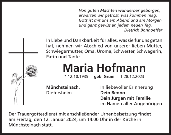 Traueranzeige von Maria Hofmann von Neustadt/ Scheinfeld/ Uffenheim