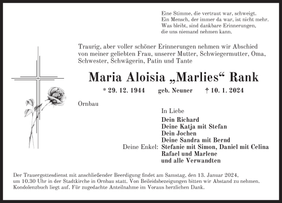 Traueranzeige von Maria Aloisia Rank von Ansbach