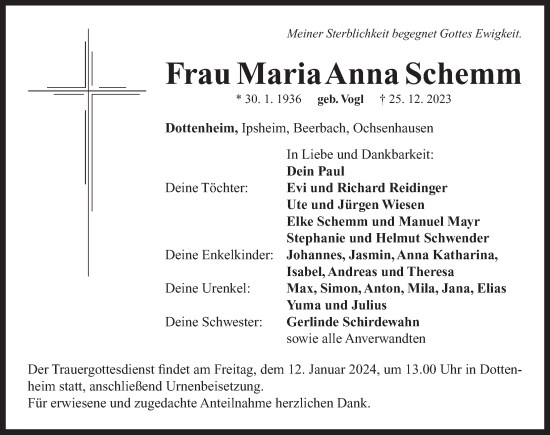 Traueranzeige von Maria Anna Schemm von Neustadt/ Scheinfeld/ Uffenheim