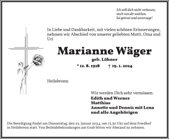 Traueranzeige von Marianne Wäger von Ansbach