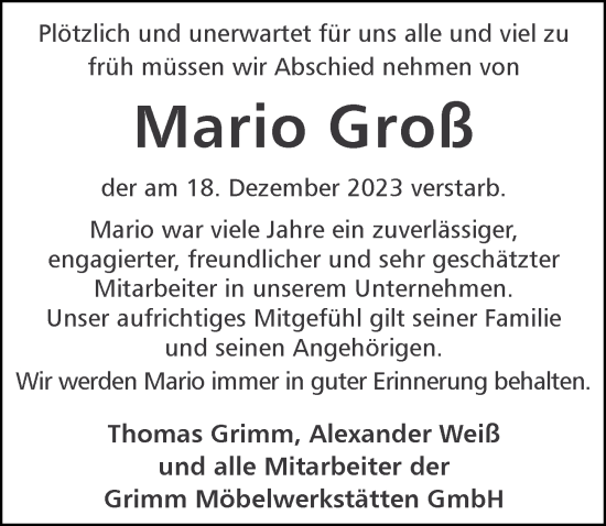 Traueranzeige von Mario Groß von Neustadt/ Scheinfeld/ Uffenheim