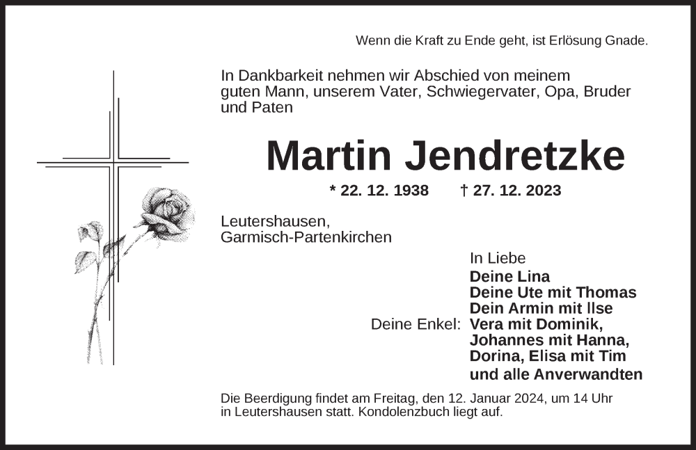  Traueranzeige für Martin Jendretzke vom 09.01.2024 aus Ansbach