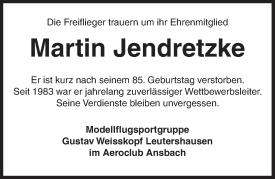 Traueranzeige von Martin Jendretzke von Ansbach