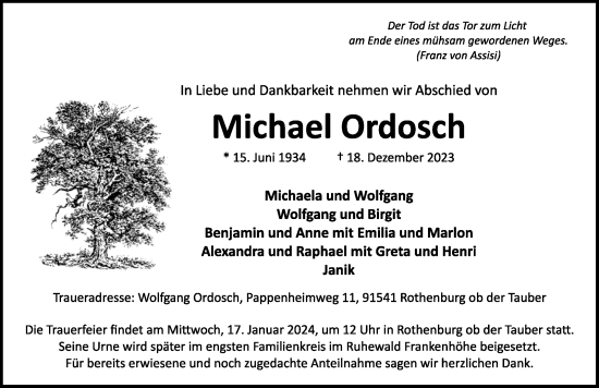 Traueranzeige von Michael Ordosch von Rothenburg