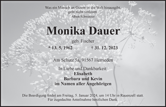 Traueranzeige von Monika Dauer von Dinkelsbühl/ Feuchtwangen