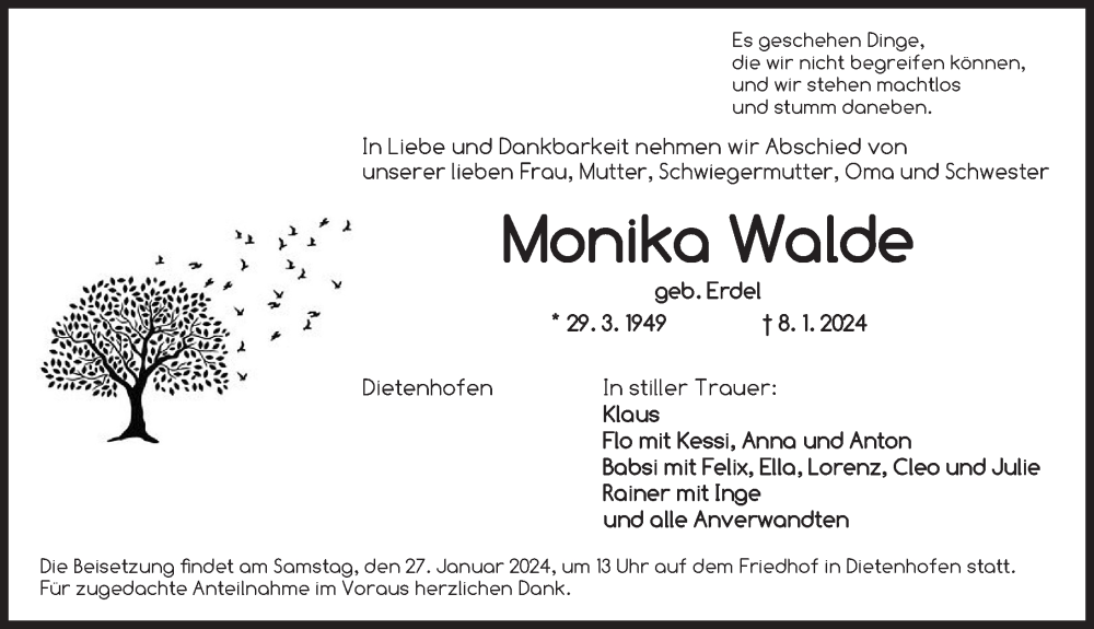  Traueranzeige für Monika Walde vom 20.01.2024 aus Ansbach