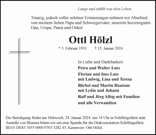 Traueranzeige von Ottl Hölzl von Rothenburg