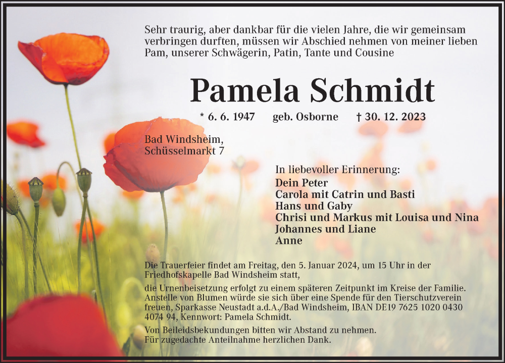  Traueranzeige für Pamela Schmidt vom 04.01.2024 aus Neustadt/ Scheinfeld/ Uffenheim